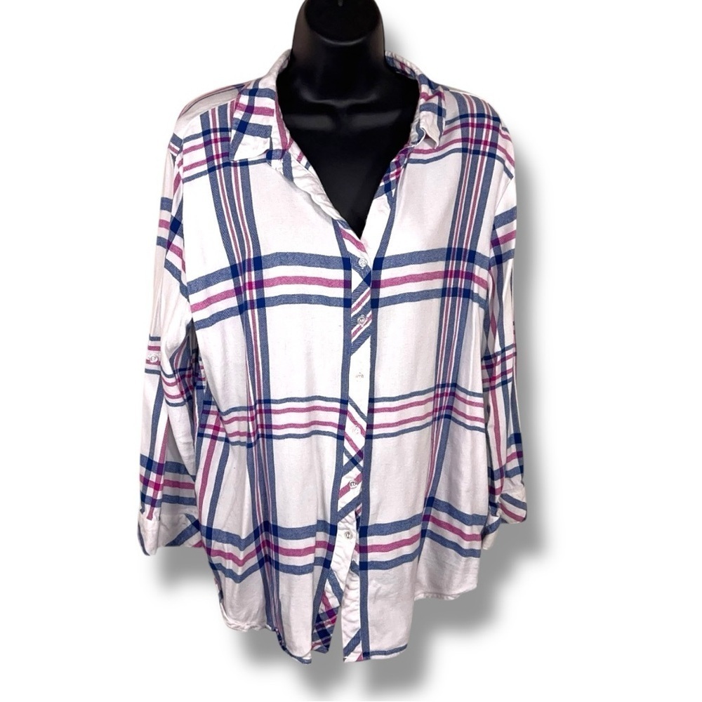 XL Hester And Orchard Flannel Shirt Women’s Purple White Blue Plaid Cotton Blend